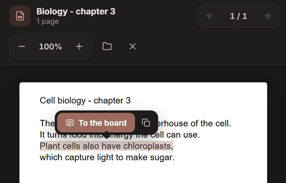 A PDF open beside the board, with a marked sentence and a To the board button